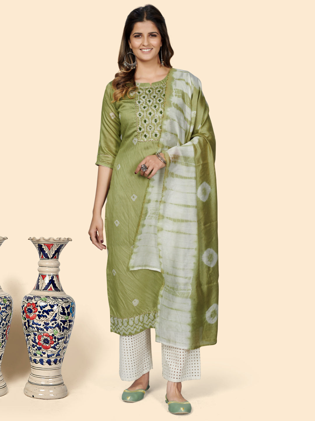 Parrot Green Straight Chanderi Kurta With Dupatta