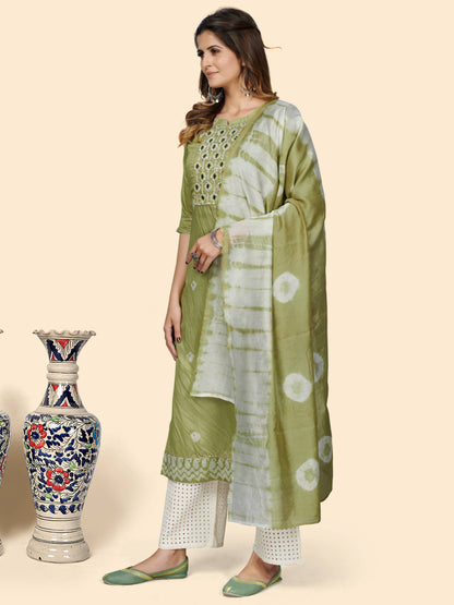 Parrot Green Straight Chanderi Kurta With Dupatta