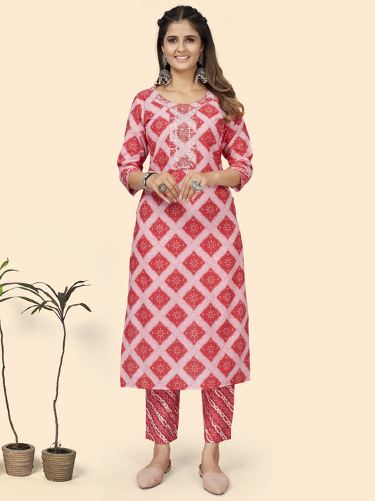 Pink Embroiderd Straight Cotton Kurta