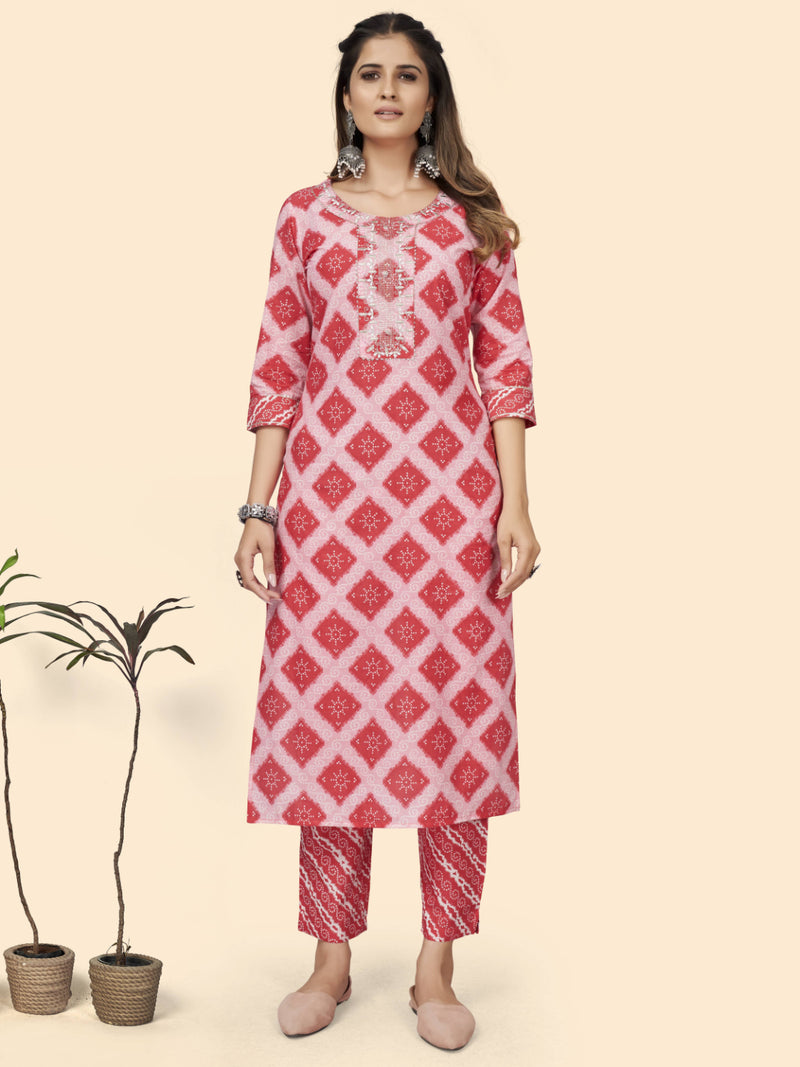 Pink Embroiderd Straight Cotton Kurta