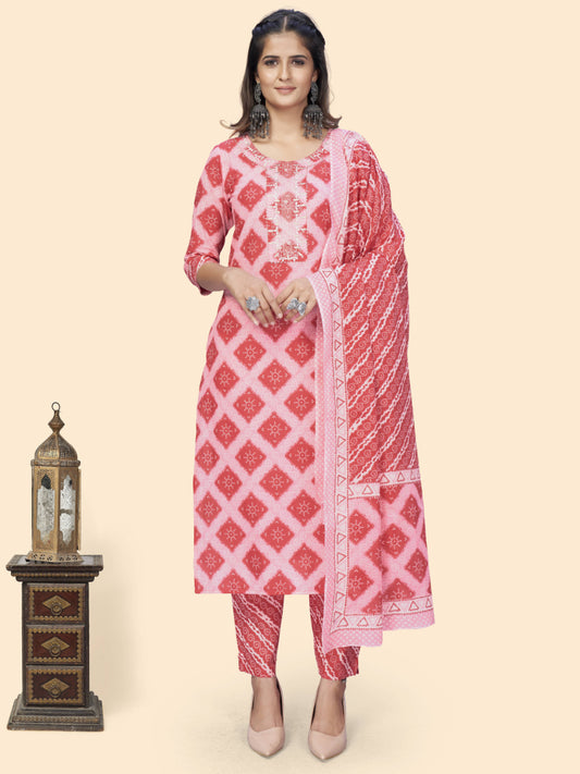 Pink Embroiderd Straight Cotton Kurta Set