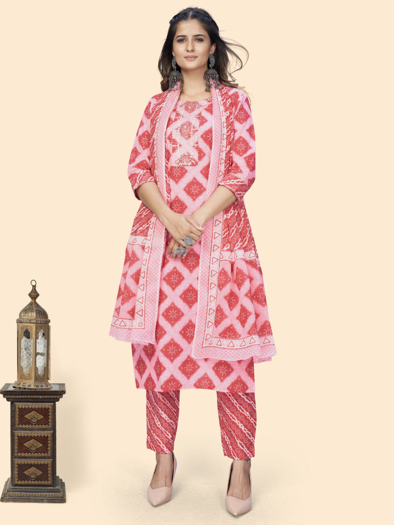 Pink Embroiderd Straight Cotton Kurta Set