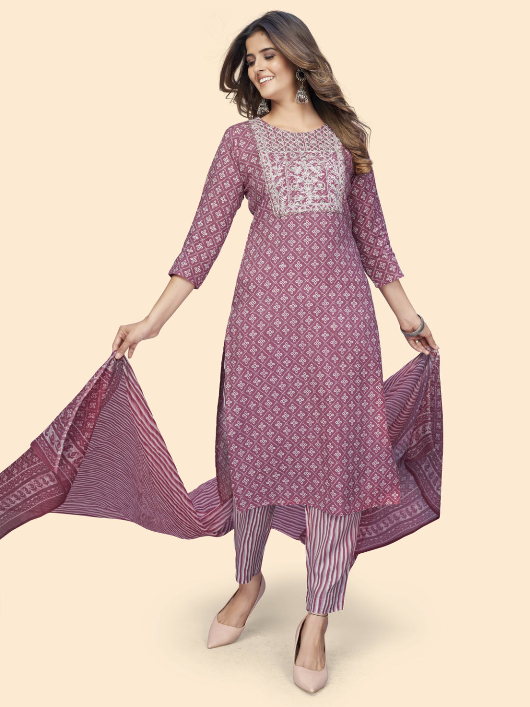 Mauve Embroidered Straight Rayon Kurta Set