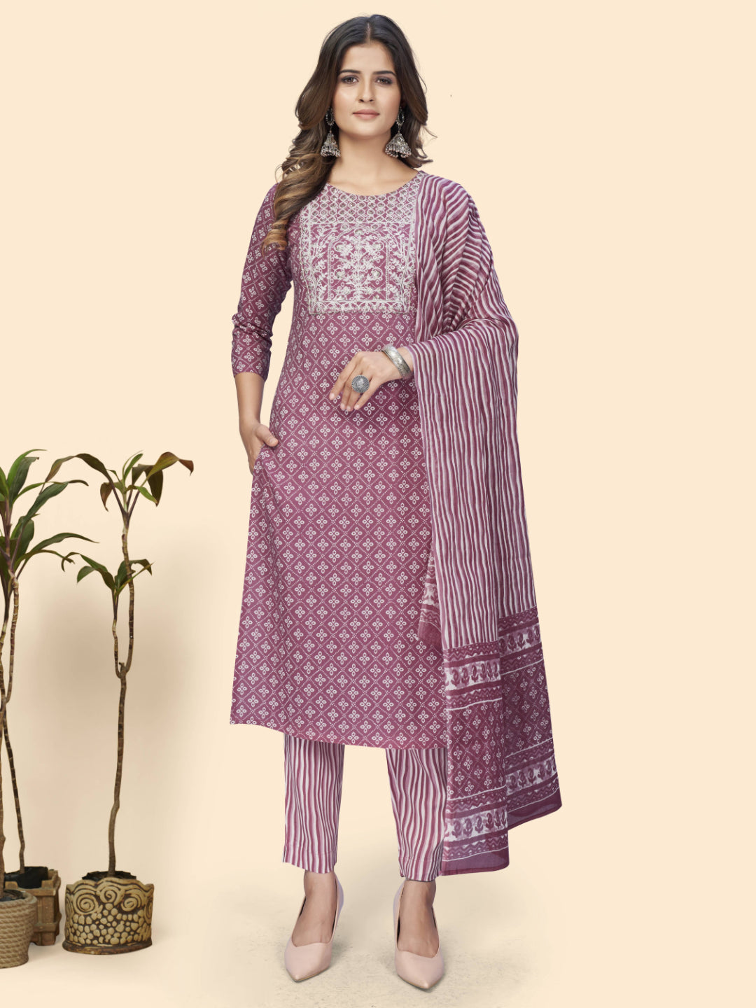 Mauve Embroidered Straight Rayon Kurta Set