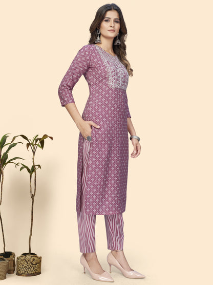 Mauve Embroidered Straight Rayon Kurta Set