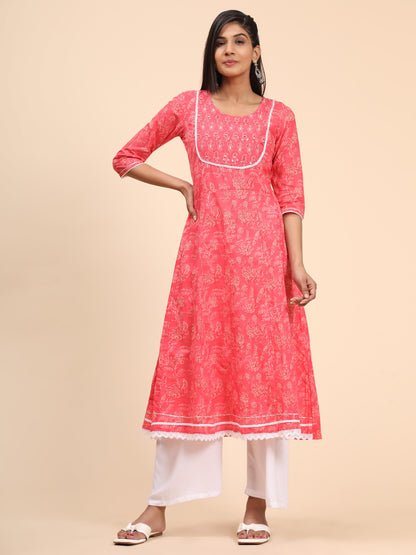 Pink Embroidered A-Line Cotton Kurta