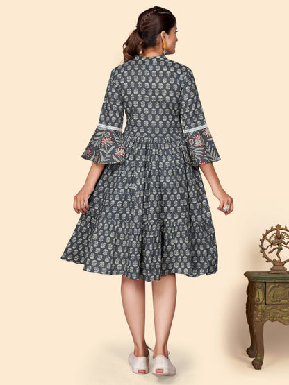 Grey Printed Flared Cotton Dress