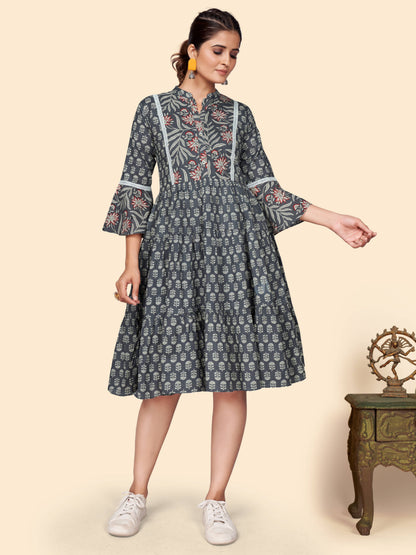 Grey Printed Flared Cotton Dress