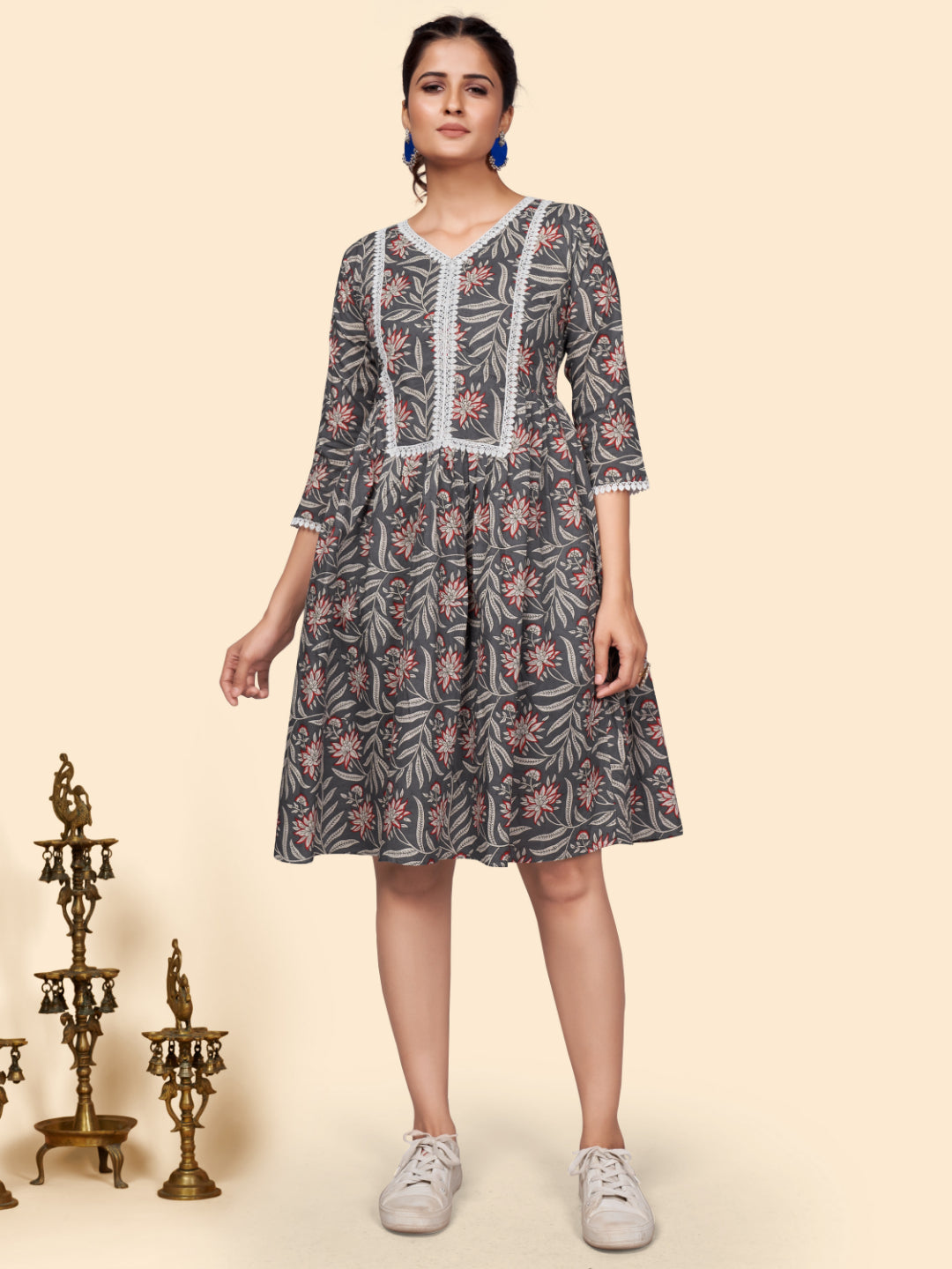 Grey Printed Flared Cotton Dress