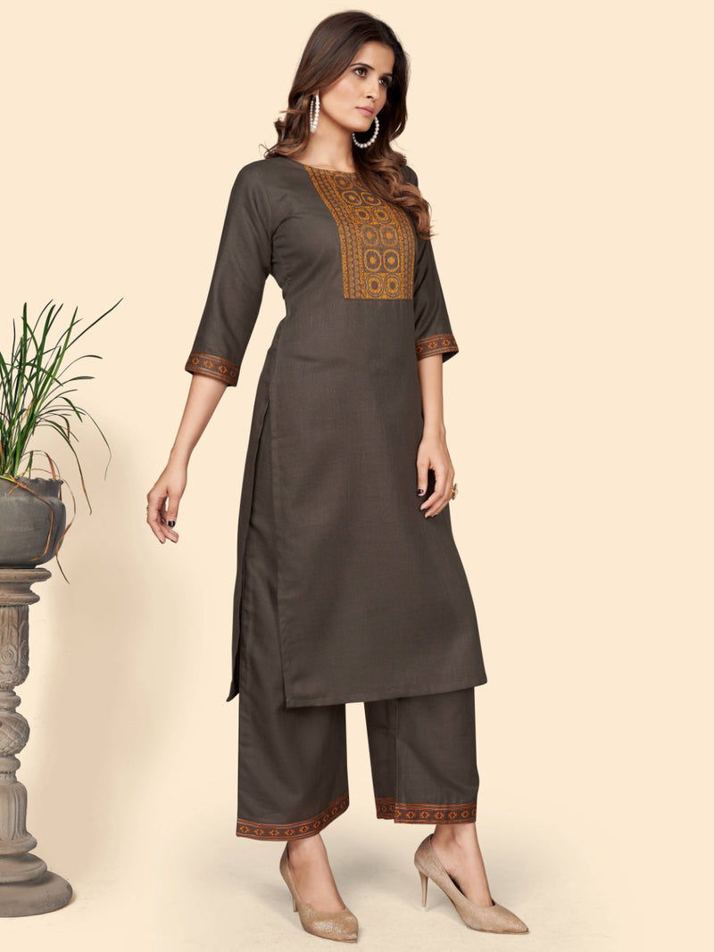 Grey Straight Cotton Blend Kurta Set