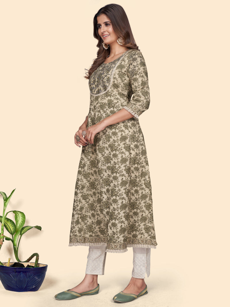 Mahendi Green Embroidered A-Line Cotton Kurta