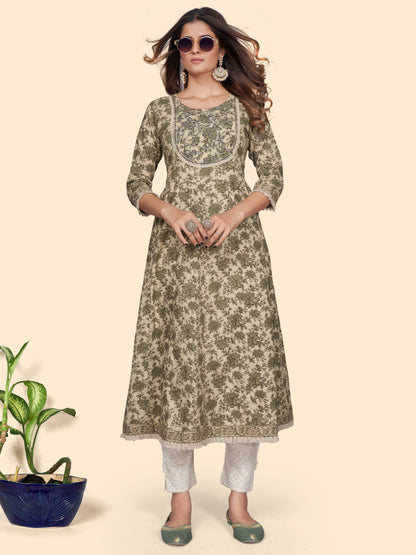 Mahendi Green Embroidered A-Line Cotton Kurta