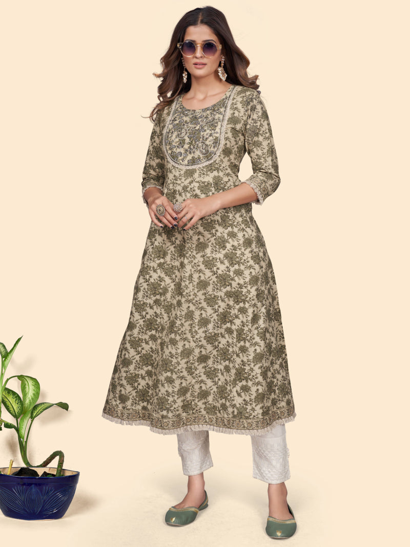 Mahendi Green Embroidered A-Line Cotton Kurta