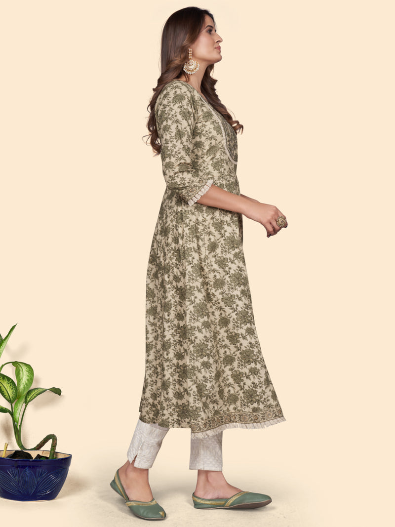 Mahendi Green Embroidered A-Line Cotton Kurta