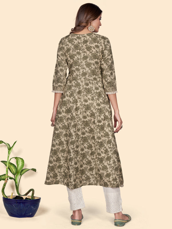 Mahendi Green Embroidered A-Line Cotton Kurta