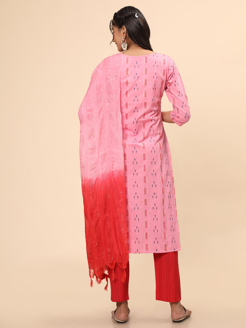Pink Embroidered Straight Cotton Stitched Kurta Set