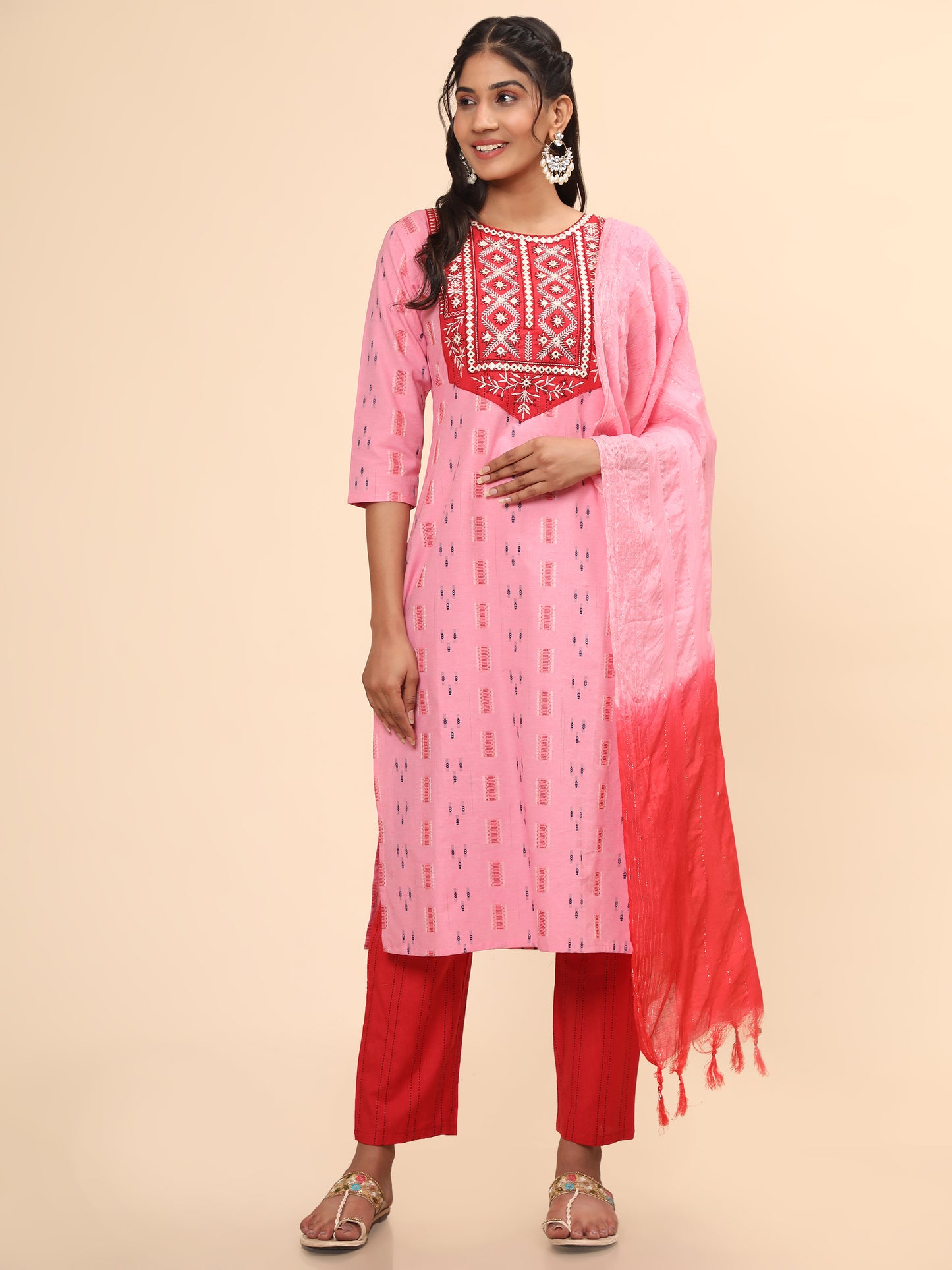 Pink Embroidered Straight Cotton Stitched Kurta Set