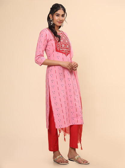 Pink Embroidered Straight Cotton Stitched Kurta Set