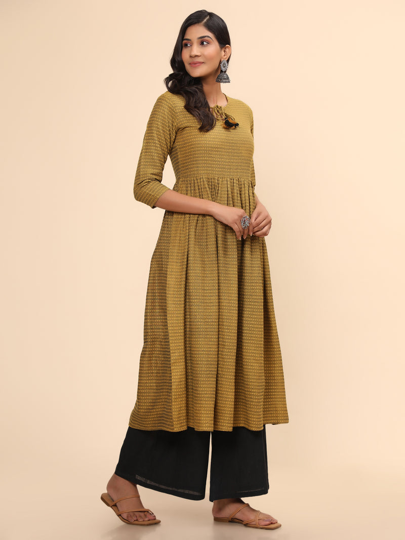 Yellow Printed A-Line Yarn Dyed Kurta