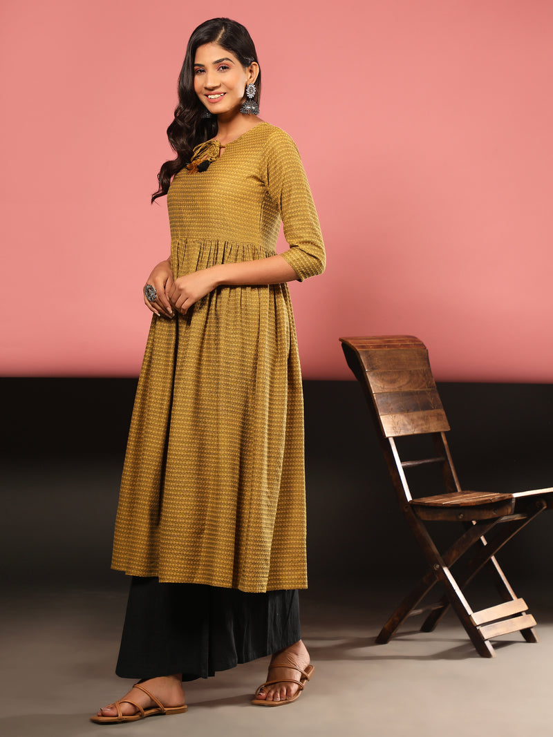 Yellow Printed A-Line Yarn Dyed Kurta