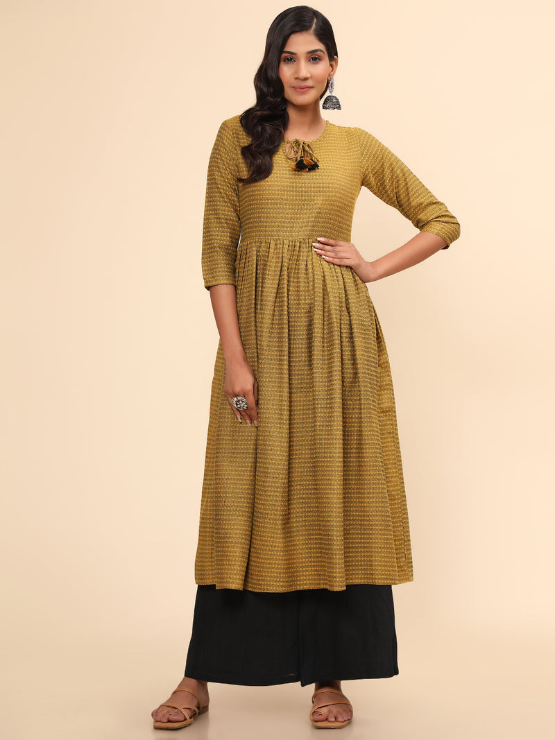 Yellow Printed A-Line Yarn Dyed Kurta