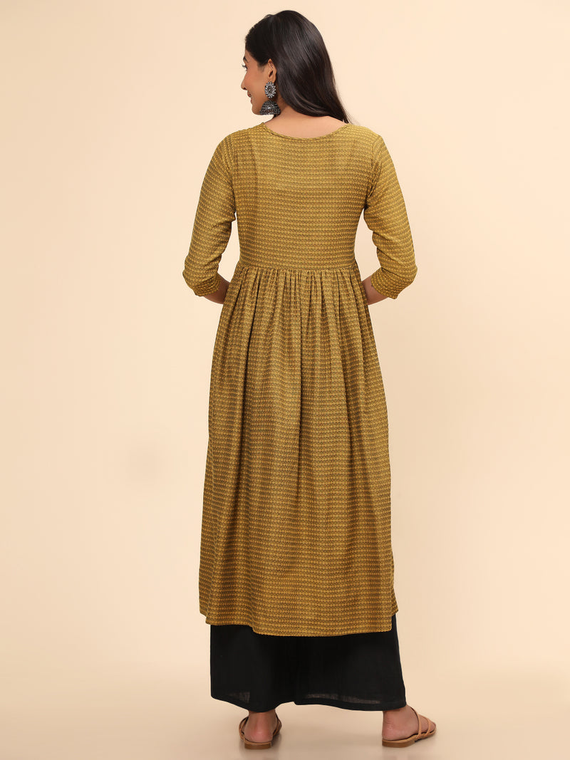 Yellow Printed A-Line Yarn Dyed Kurta