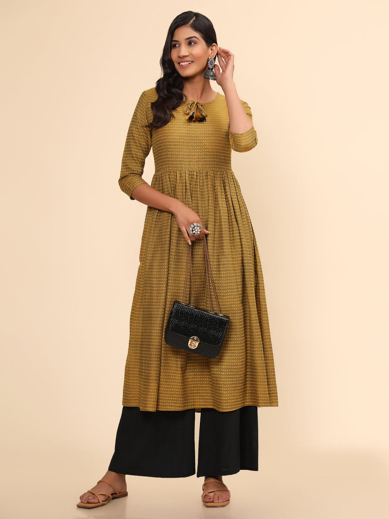 Yellow Printed A-Line Yarn Dyed Kurta