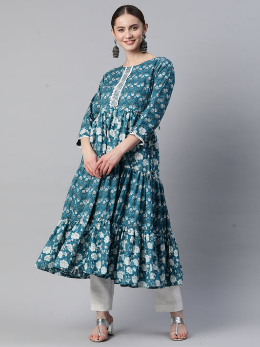 Teal Blue Anarkali Cotton Kurta