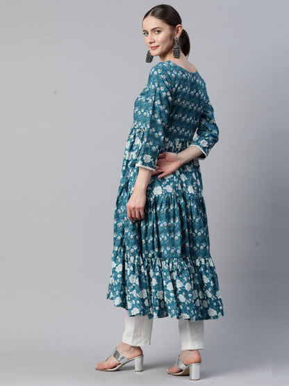 Teal Blue Anarkali Cotton Kurta