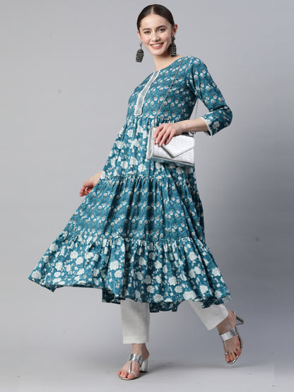 Teal Blue Anarkali Cotton Kurta