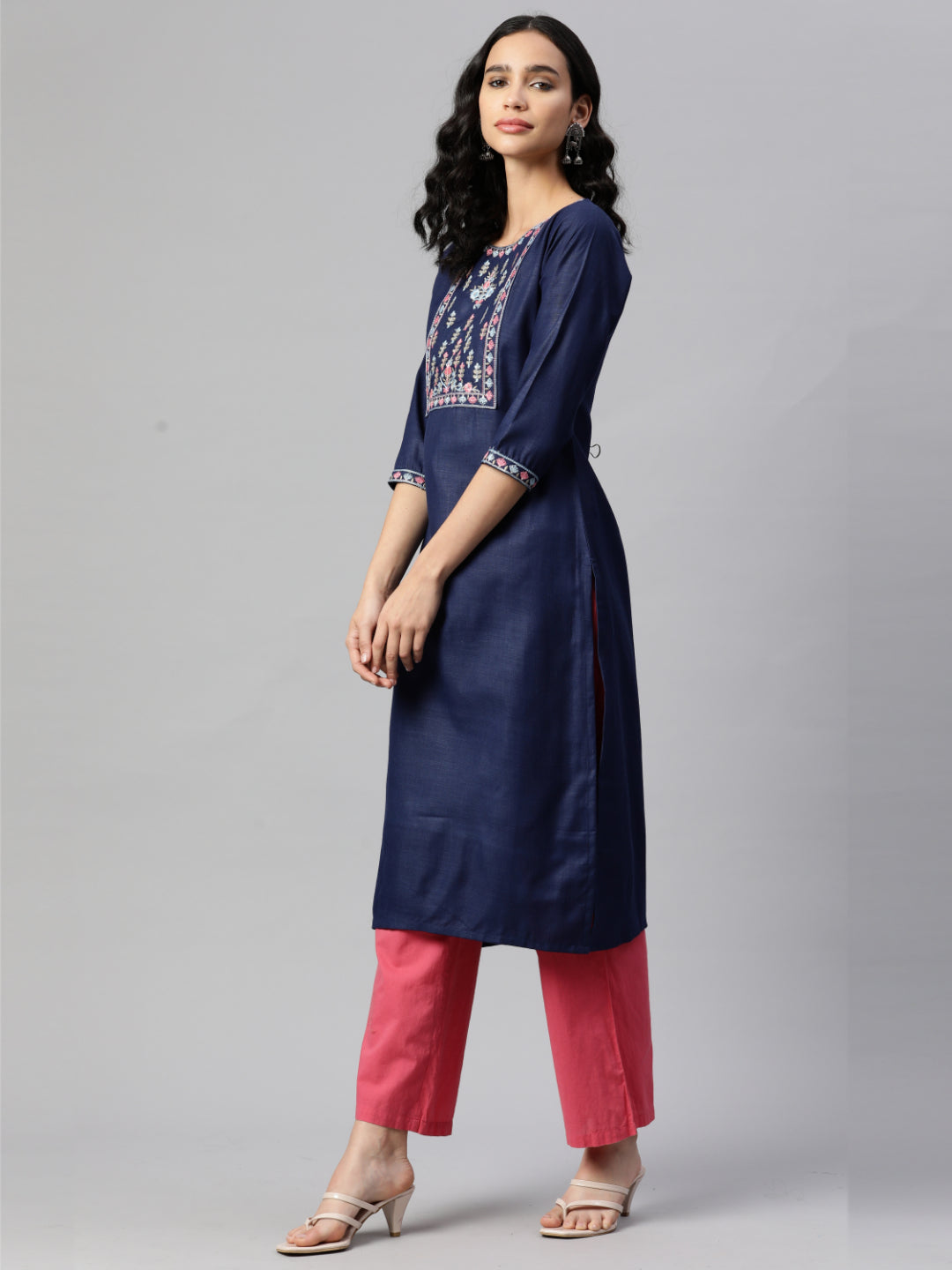 Navy Blue Embroidered Straight Cotton Kurta