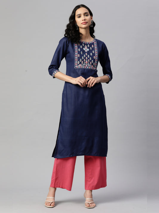 Navy Blue Embroidered Straight Cotton Kurta