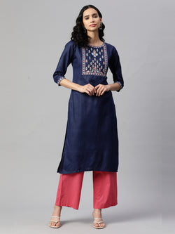 Navy Blue Embroidered Straight Cotton Kurta