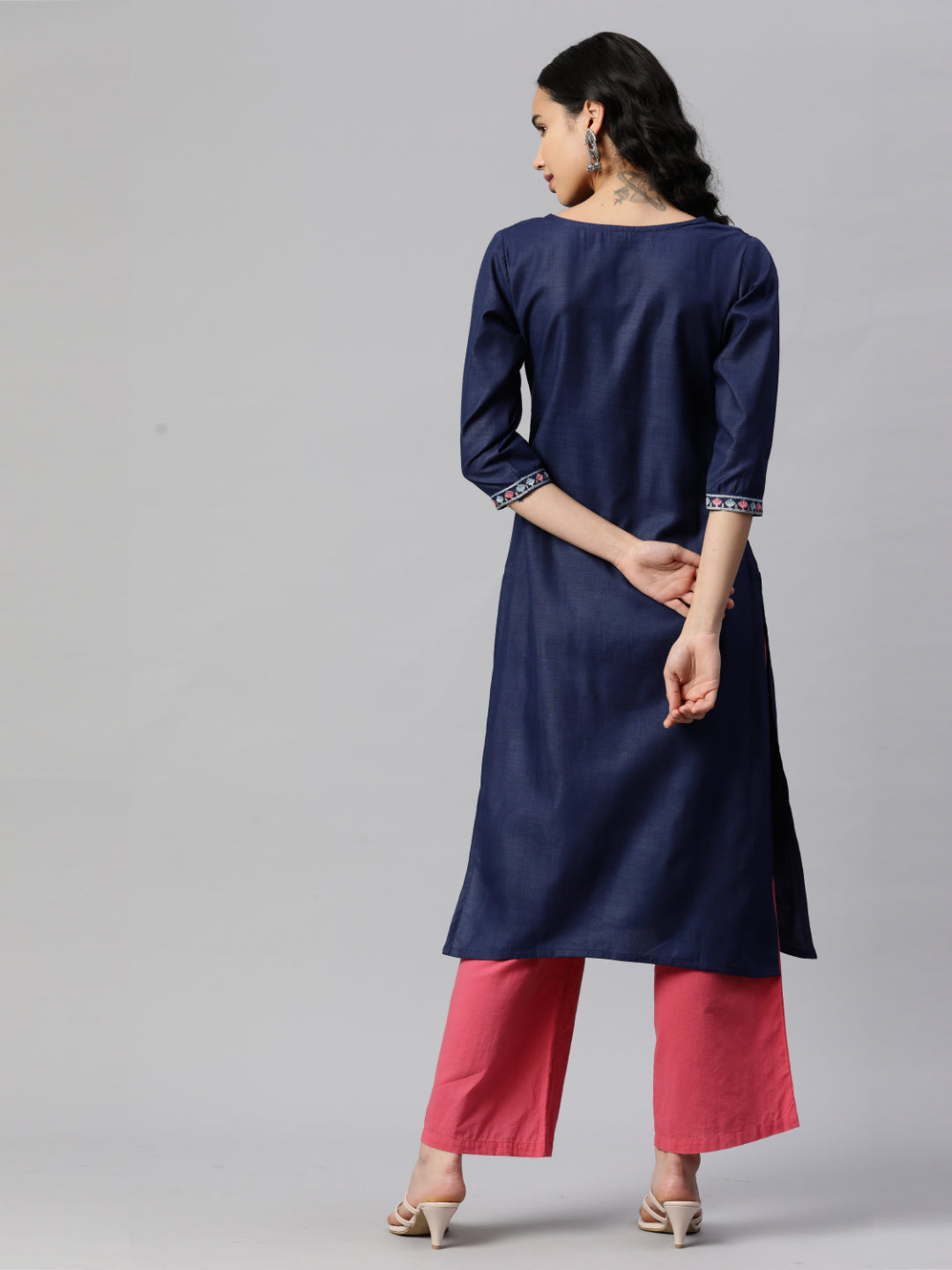 Navy Blue Embroidered Straight Cotton Kurta