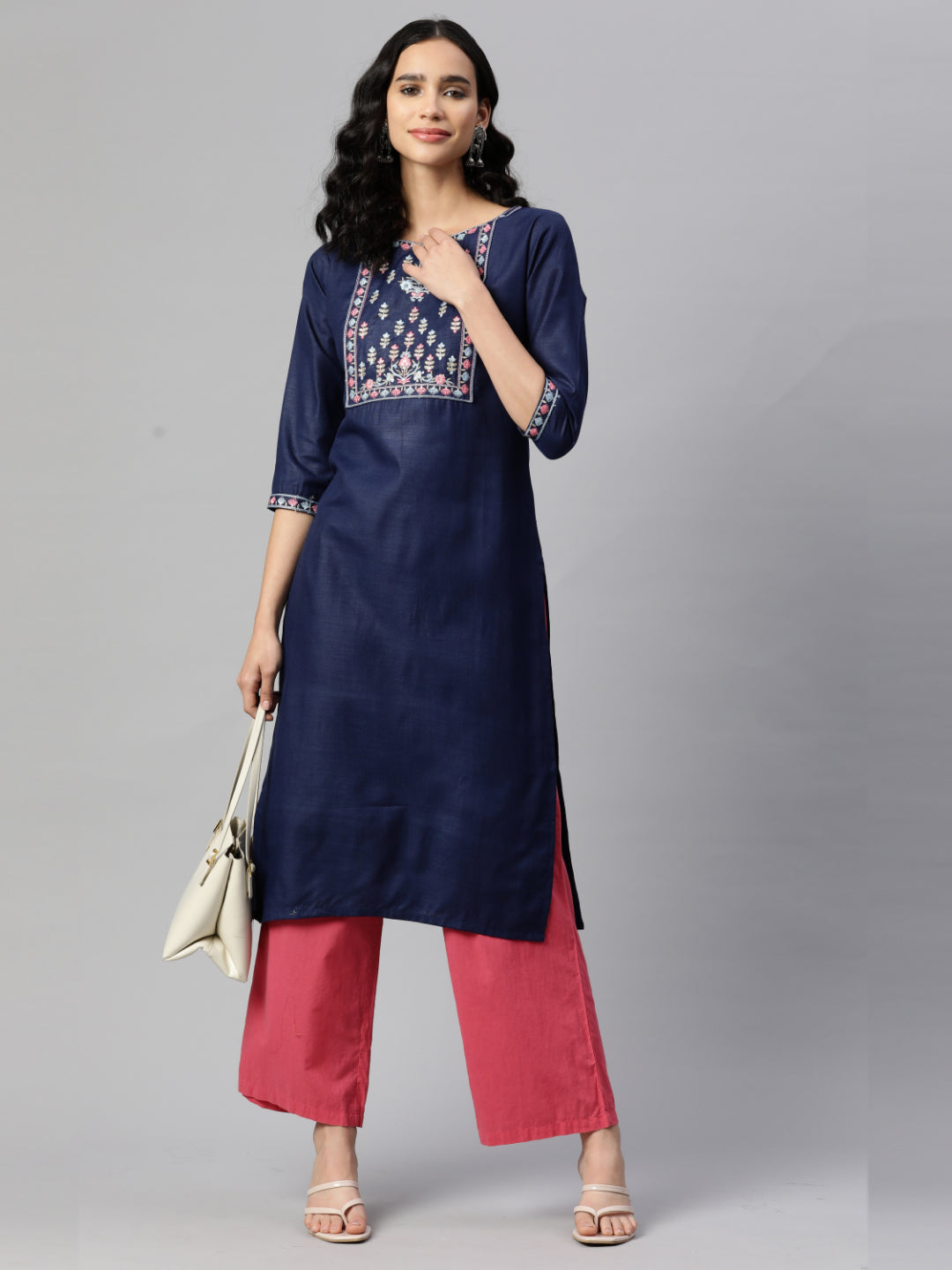 Navy Blue Embroidered Straight Cotton Kurta