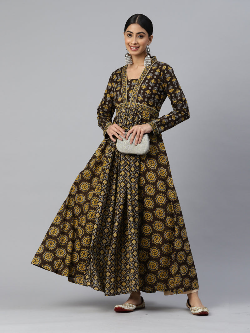 Brown Printed Anarkali Cotton Kurta