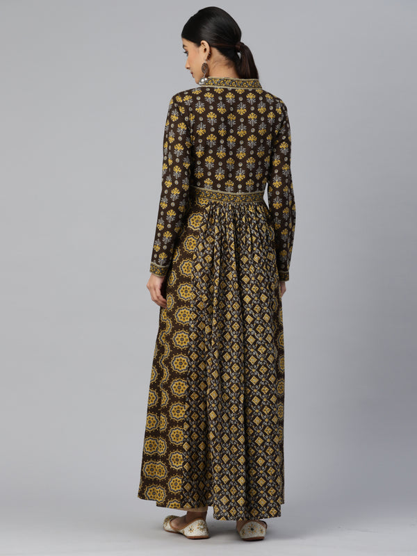 Brown Printed Anarkali Cotton Kurta