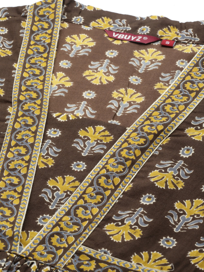 Brown Printed Anarkali Cotton Kurta