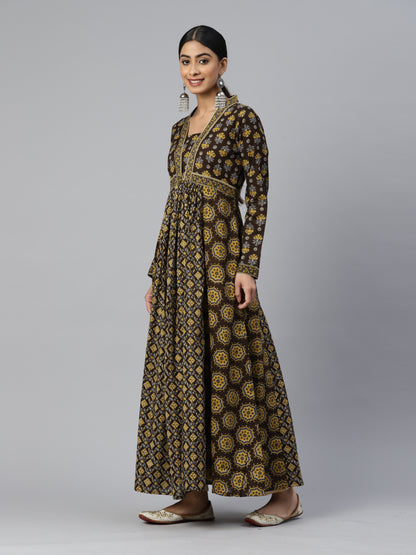 Brown Printed Anarkali Cotton Kurta