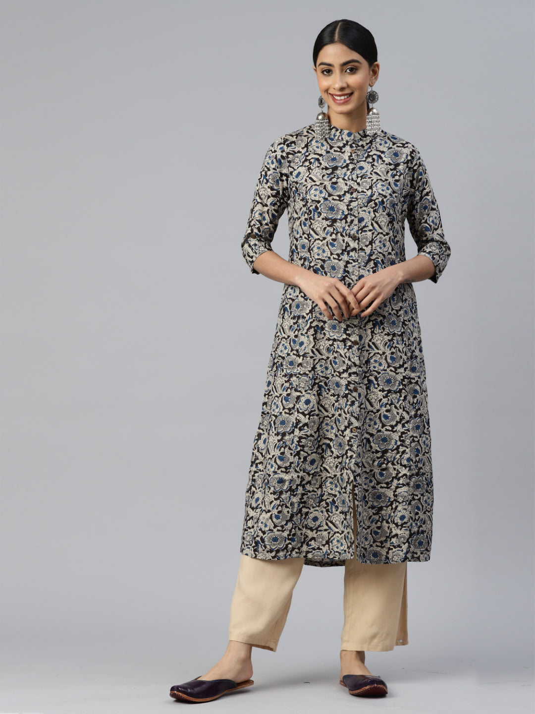 Blue Floral Print A-Line Rayon Kurta