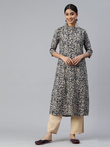 Blue Floral Print A-Line Rayon Kurta