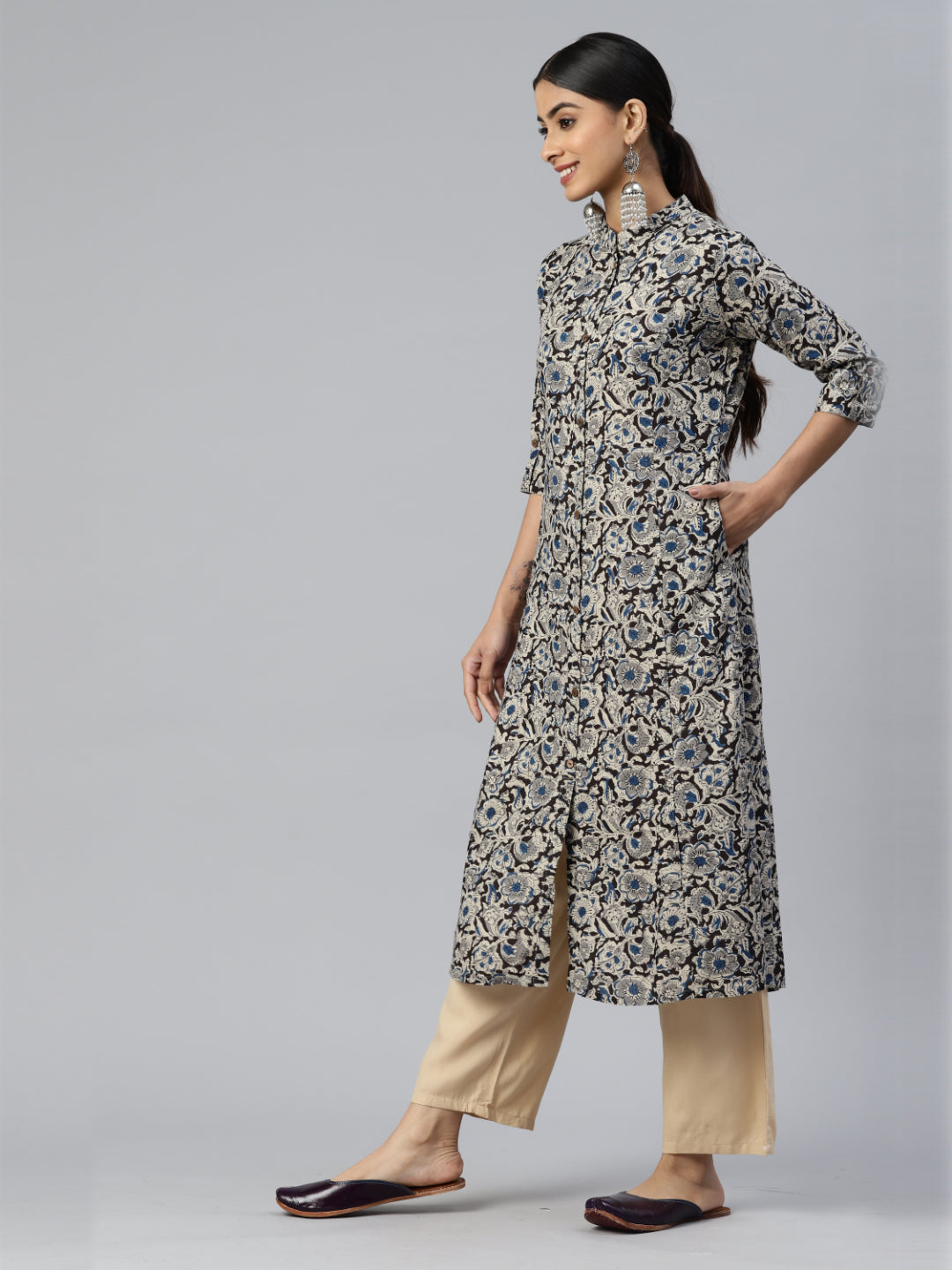 Blue Floral Print A-Line Rayon Kurta