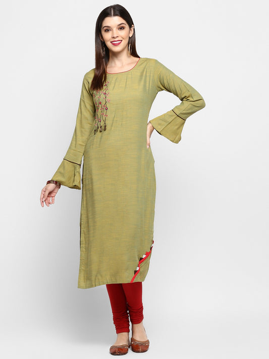 Mehendi Green Embroidered Rayon Straight Kurti