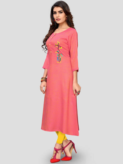 Light Pink Embroidered Rayon A-line Kurti