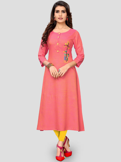 Light Pink Embroidered Rayon A-line Kurti