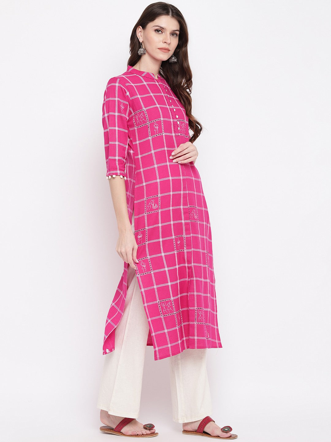 Pink Printed Straight Cotton Kurti