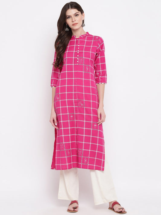 Pink Printed Straight Cotton Kurti