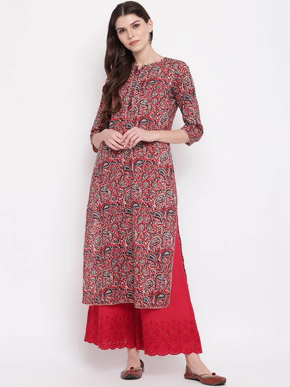 Red Kalamkari Print Straight Cotton Kurti