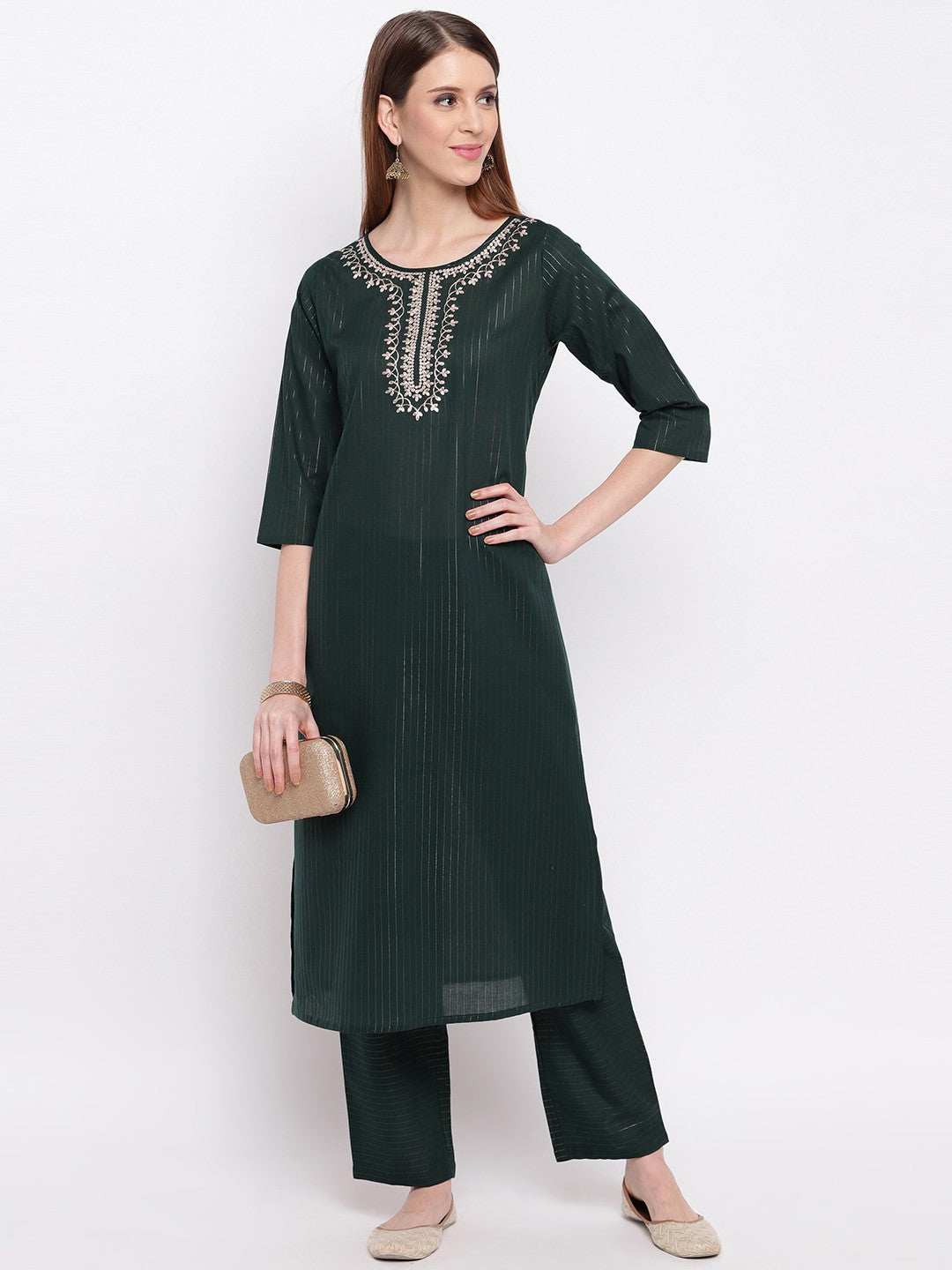 Dark Green Embroidered Straight Cotton Blend Kurti Set