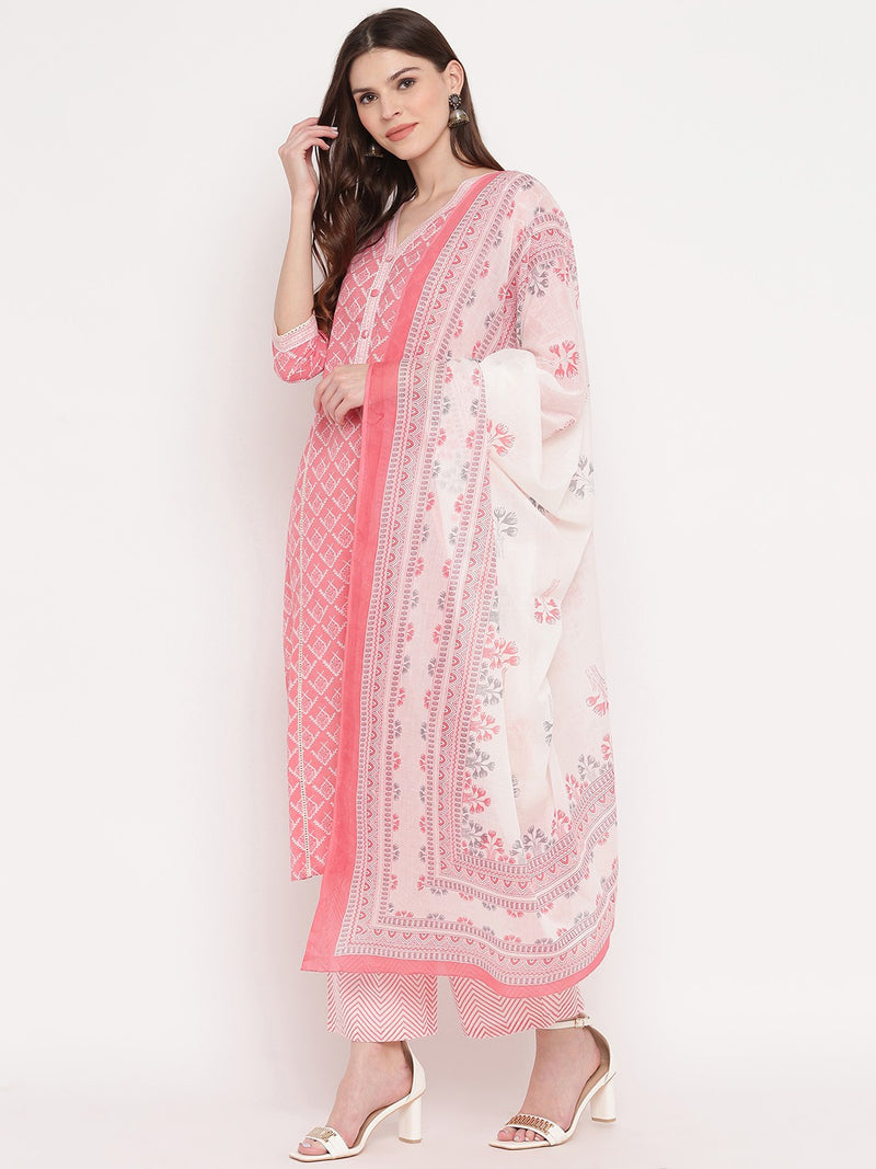 Light Pink Printed Straight Cotton Kurta Set